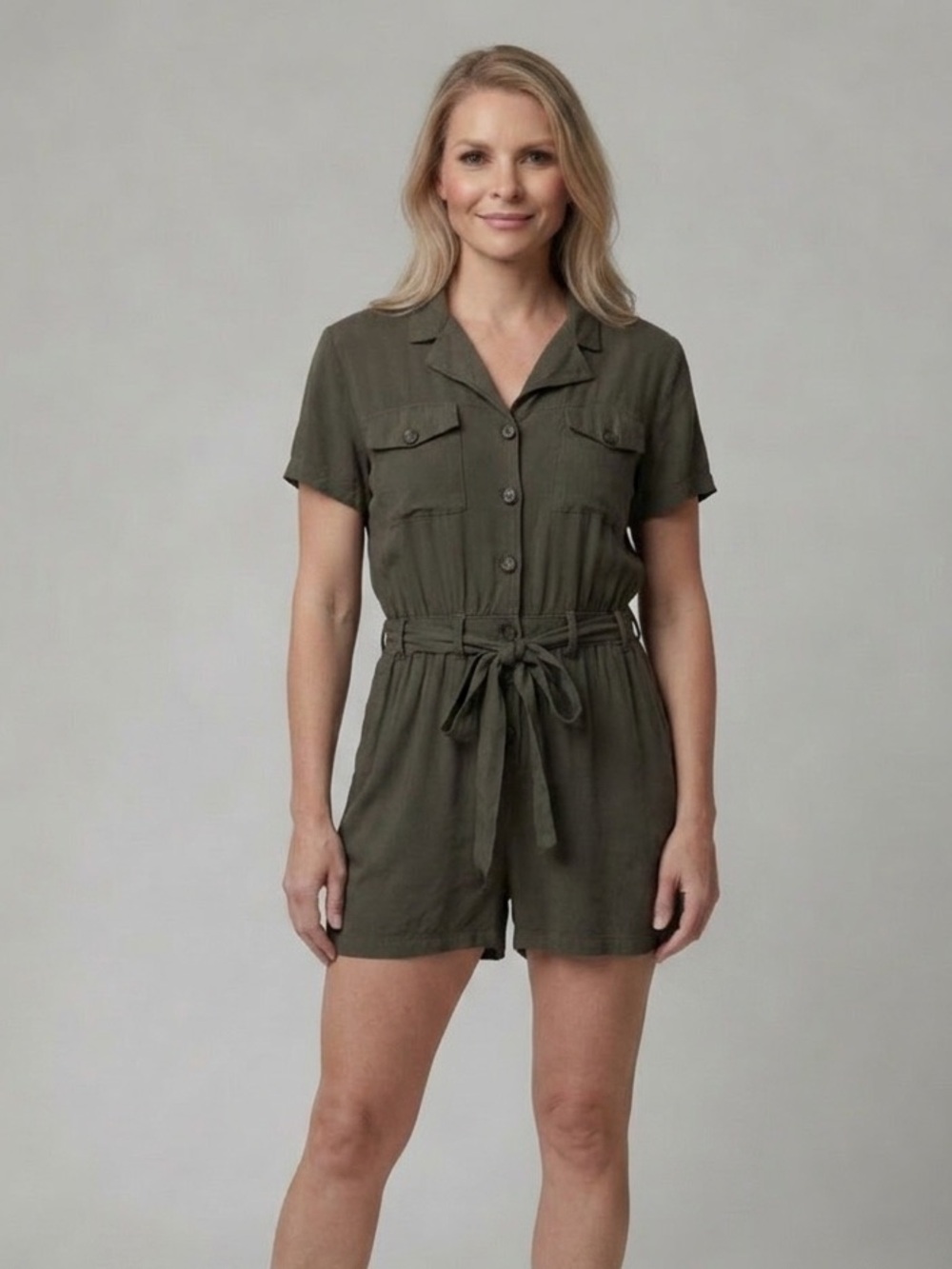 Olive Green Short Sleeve Button Down Belted Romper Pockets Size S